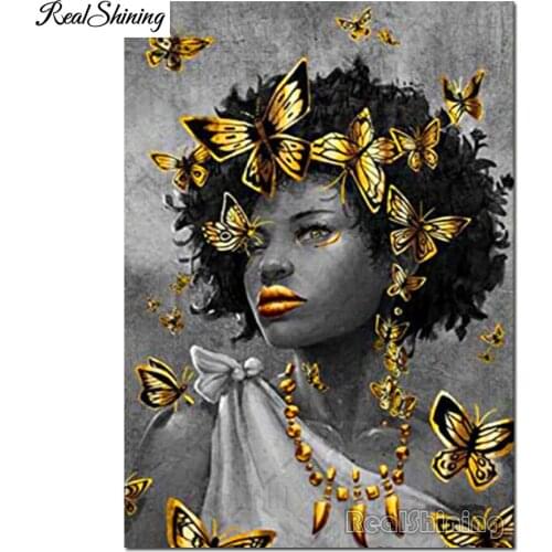 Full round square diamond Black queen wall art african fantasy butterfly Gold woman 5d Diy diamond painting mosaic art T124