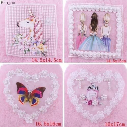 Prajna Embroidery Beaded Patches Unicorn Lace Patch Sew On Transfer Tshirt Patch For Cloth Fabric Vinyl Cartoon Cute Badge Pearl