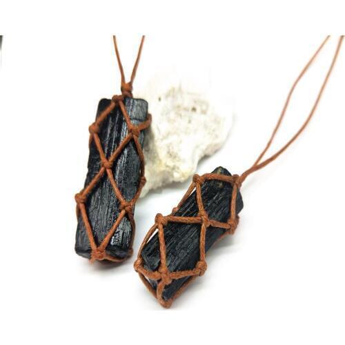 Natural Black Tourmaline Retro Raw Gemstone Pendant Crystal Hand-Woven Jet Stone Ore Radiation Protection