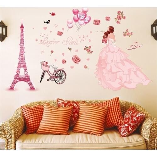 Romantic Pink Flower balloon Wedding Girl Love Wall Stickers For Girls Room Decoration Hello Paris tower Mural Pvc Art Wallpaper