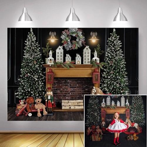 Christmas Photography Backdrop Winter Christmas Trees Fireplace Toys Gifts Children Portrait Photo Background for Photo Studio