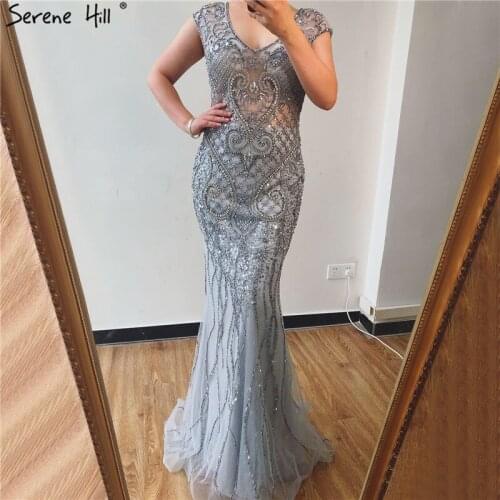 Serene Hill Grey Luxury V-Neck Mermaid Evening Dress Design 2020 Dubai Full Diamond Sexy Formal Party Gown CLA70063