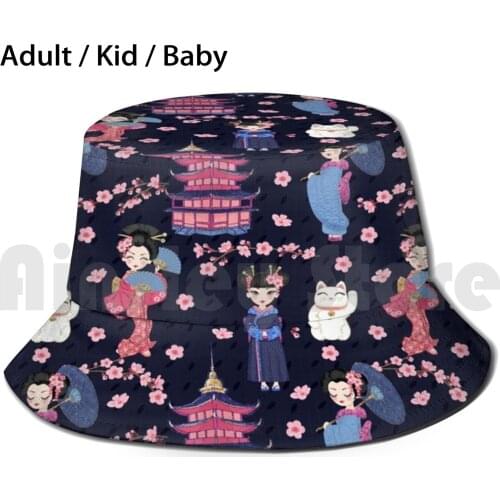 Apanese Dolls Navy Sun Hat Foldable UV Protection Japanese Cherry Blossom Pagoda Japanese Cat Geisha Geisha Dolls Kokeshi