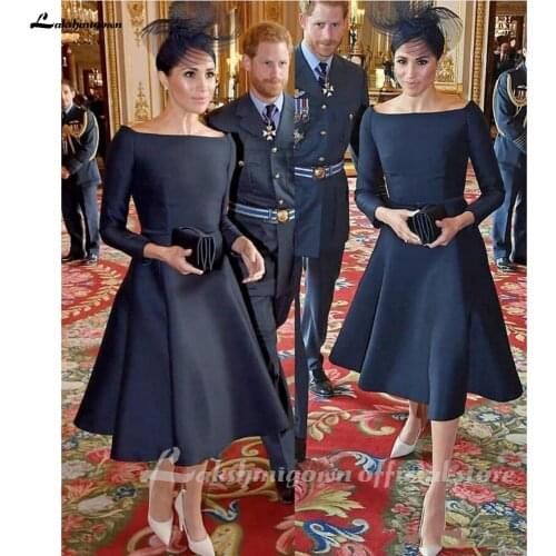 Navy Blue Tea-length Mother of The Bride Dresses with Long Sleeve Arabic Dubai Evening Dresses Occasion Formal Prom Party Dress