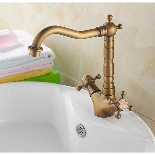Vintage Retro Antique Brass Kitchen Wet Bar Bathroom Vessel Sink Faucet Swivel Spout Mixer Tap Single Hole Two Handles mnf078
