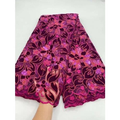 High Quality African Mesh Lace Fabric Nigerian Style Flannel Sequins Embroidery Craft Sewing Design Bridal Wedding Dress 5 Yards