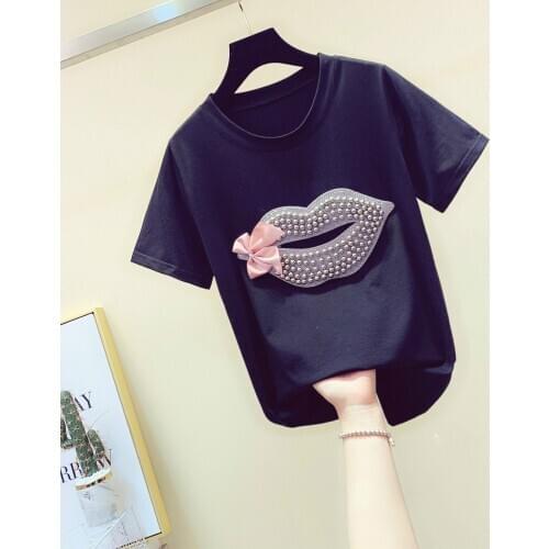 Tshirt Women Beaded Lip Bow-tie T-shirt with Round Collar Loose Korean Tshirt Girl Lady New Autumn Shirt Shirts Tops