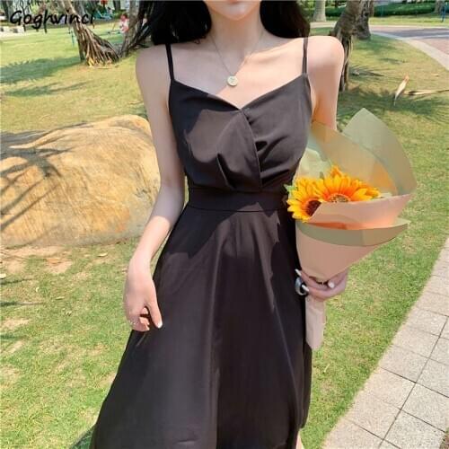 Dresses Women Vintage Black High-waist Slim Midi Dress Ladies Elegant Fashion V-neck Sexy Sleeveless Simple Chic Korean Ulzzang