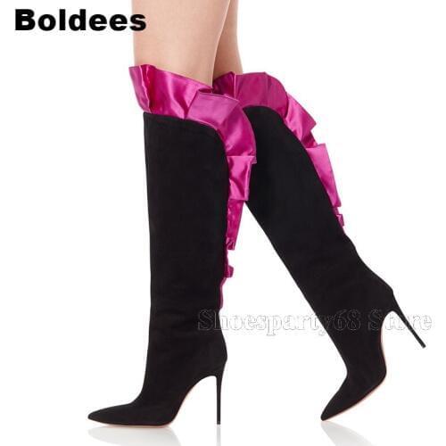 Unique Designer Black With Red Suede Leater Women Over The Knee High Heel Boots Ladies Pointed Toe Winter Shoes