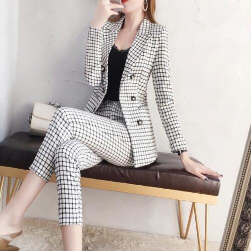 Womens suit 2019 spring and autumn new fashion lattice slim suit slim trousers temperament wild womens two-piece suit