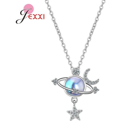 Genuine 925 Sterling Silver Moonstone Planet Star Pendant Necklaces For Women Clear AAA CZ Fashion Jewelry Gifts