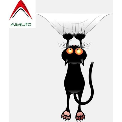 Aliauto Funny Black Cat Catches Down Car Sticker Window Decorative PVC Decal for Volkswagen Polo Audi A4 Q3 C5 6p ,12CM*16CM