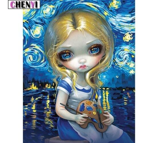 CHENYI Diy Diamond Embroidery Full 5D Diamond Painting Cartoon Girl Cross Stitch Van Gogh Art Mosaic Of Rhinestones Room Decor