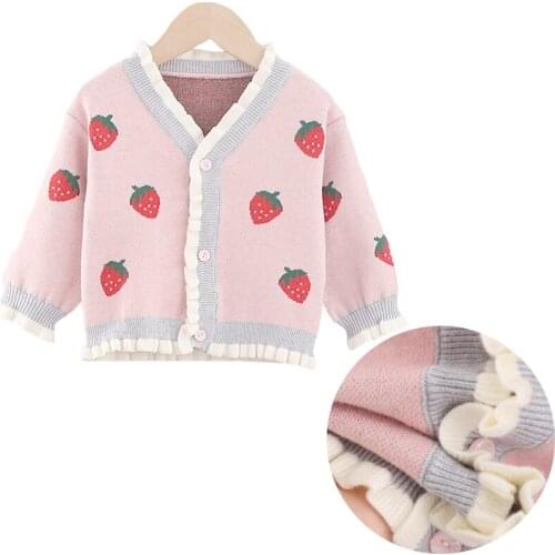 2020 Childrens Clothing From 1 To 4 Years Baby Clothes Strawberry Pattern Sweater Cardigan Knitted Sweatersweater Toddler Girl