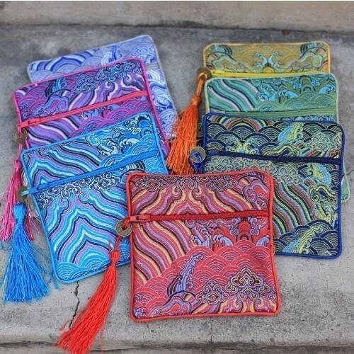 Seawater Small Zipper Pouch Jewelry Travel Bag Chinese Silk Brocade Bracelet Pouch Women Credit Card Holder Coin Purse 50pcs/lot