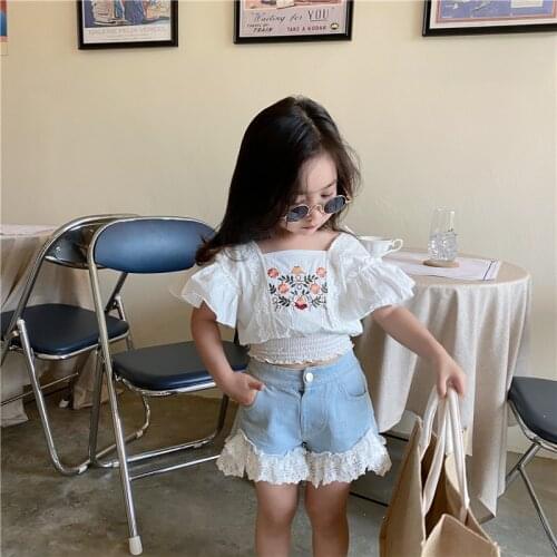 Baby Girls Clothes Sets Lace Embroidery Shirt Short Cut-waist Children Summer Tracksuit Suits Cotton Costume Kids Outfits Wear