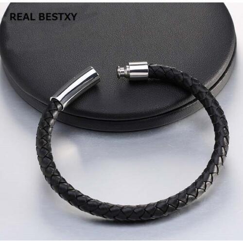 REAL BESTXY Braided Bangle Leather Bracelets for Men Bangle & Bracelet Fashion Men Jewelry Black