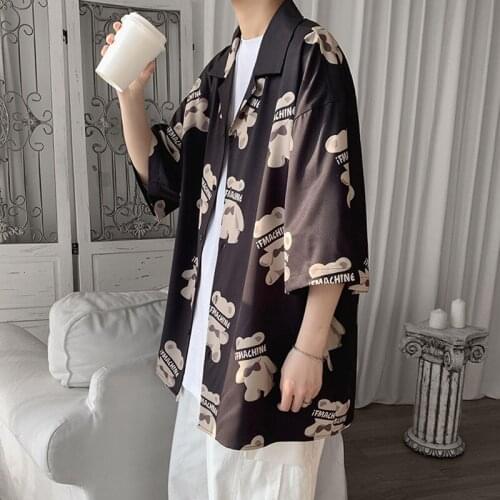Summer Harajuku Color Bear Print Casual Shirt 2021 Streetwear Men Shirts Trends Half Sleeve Male Vintage Korean Fashions Clothes