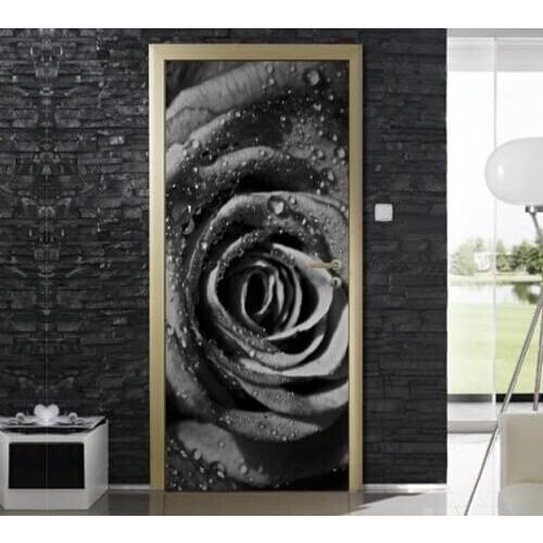Hot Door Mural Black Rose Door Sticker DIY Self-adhesive Waterproof Wallpaper Poste for Home Decoration Gift