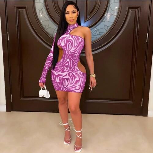 SUJYing 2021 Summer New Ladies Skirt Sexy Nightclub Dress Single Sleeve Off-the-shoulder Print Hollowout