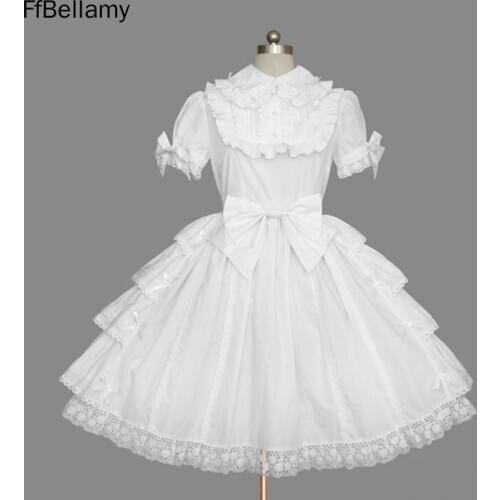 Solid Color Cotton White Lace Cosplay Suits Bow Tie Ruffle Layer Knee Length Dress Product Details