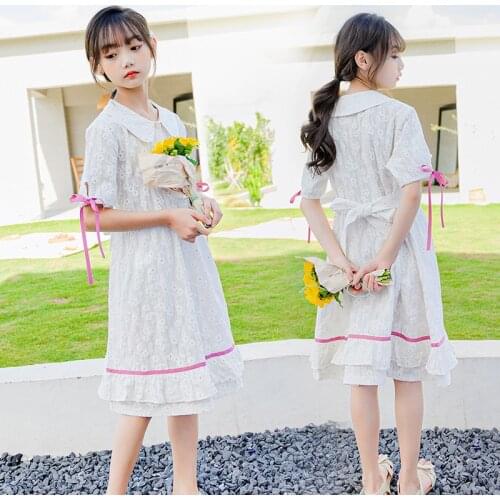 Girls Cotton Linen Dress 2021 Summer New Floral Dress Kids Embroidered Dress Teenage Elegant Dress Midi Long