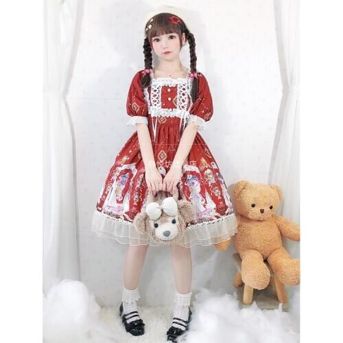 Princess tea party sweet lolita dress vintage lace bow printing high waist victorian dress kawaii girl gothic lolita loli cos