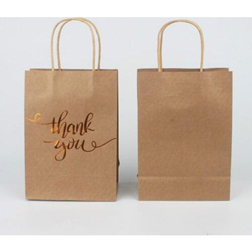 5 Pcs Medium Size Gift Bags - Gold Foil Thank You Brown Paper Bags with Handles for Wedding Birthday Baby Shower Party Favors