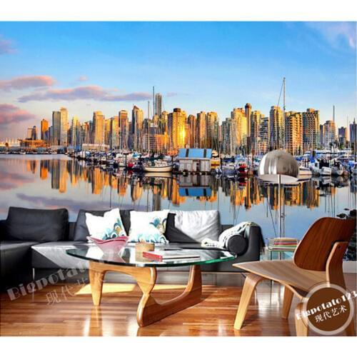The latest 3D murals, beautiful blue sky horizon building ship lake, the living room bedroom sofa TV backdrop wallpaper