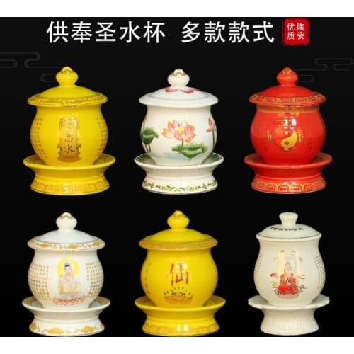 Buddhism Supplies Lotus Flower Gold Water Supply Cup Ceramic Relief Water Purifying Cup In Front of Buddha Porcelain
