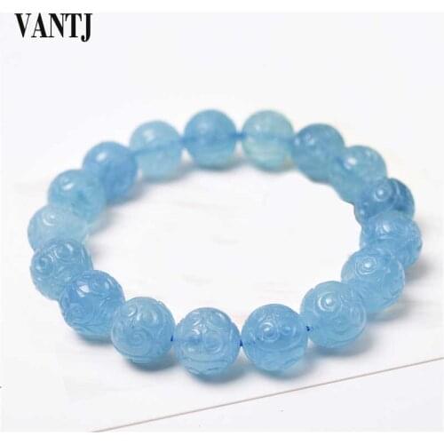 VANTJ Natural Blue Ice Aquamarine Bracelet Women Men Crystal Stone Beads Clear Round Beads Healing Stone Birthday Gift