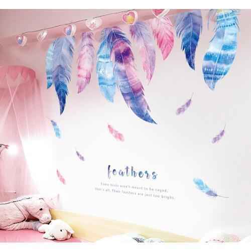 Romantic Pink Feather Wall Stickers for Girls Rooms Bedroom Living Room Decoration Large Wallpaper Home Decoration Accessories