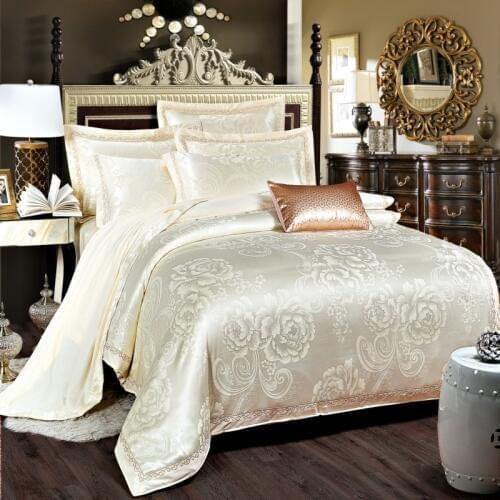 Luxury Satin Wedding jacquard Mulberry silk Bedding 100%cotton Embroidered including Duvet cover Bed sheet Pillowcase Cream