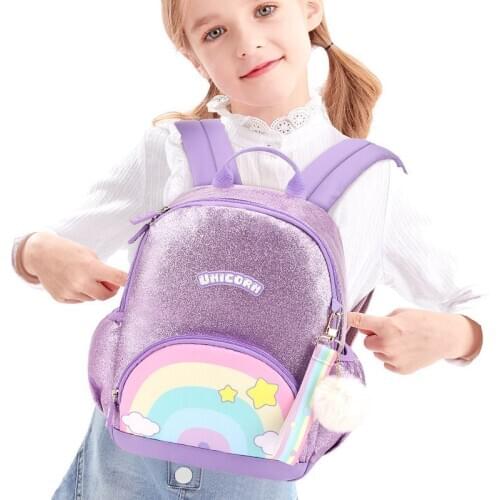 Girls Sequins Unicoorn Backpack Student Rainbow Pattern with Plush Ball Double Shoulders Backpacks Kids Back Pack Mochila