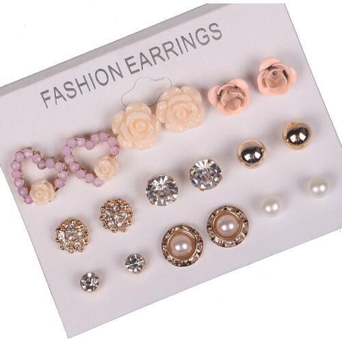 9 Pairs/sets Pink Style Rose Flower Heart Stud Earrings Simulated Pearl Crystal Rhinestone Earring Sets Women Ear Jewelry