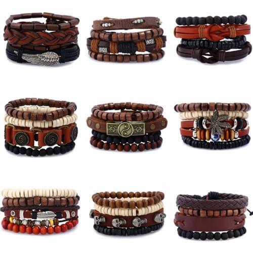 Vintage Boho Black Brown Leather Metal Charm Navy Blue Beige Coconut Wood Beads Multi Layers Bracelets Bangle Unisex Jewelry Man