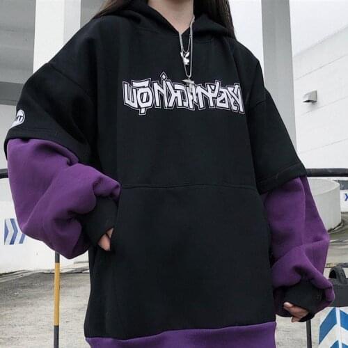 QWEEK Gothic Hoodie Women Punk Patchwork Long Sleeve Sweatshirt 2021 Oversized Hip Hop Tops Grunge Letter Print Pullover E Girl