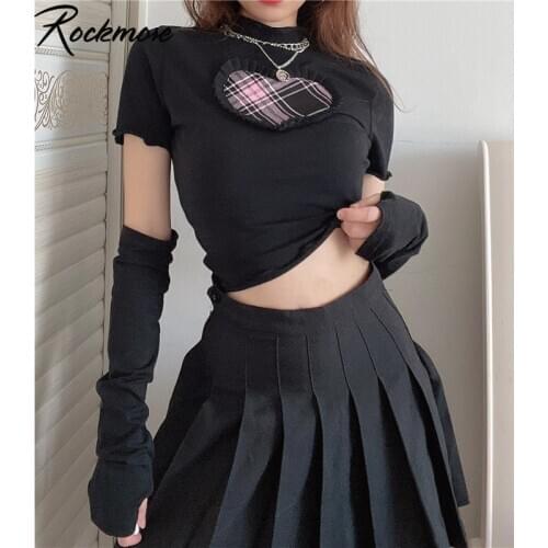 Rockmore Y2K Heart Patchwork Knitting T-Shirt Bodycon Cropped Tops Woman Long Sleeve Arm Sleeve T Shirt Harajuku Streetwear Tee