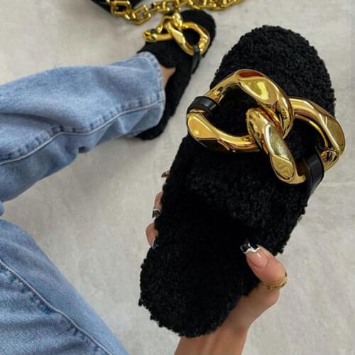 2021 New Design Women Fur Muler Slippers Fashion Big Chain Woman Slides Casual Ladies Outdoor Flats Female Comfortable Shoes