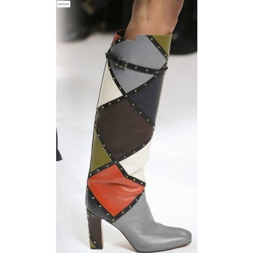 2019 spring new women multi color boots block heel knee high boots women mix color boots ladies party shoes beading mujer botas