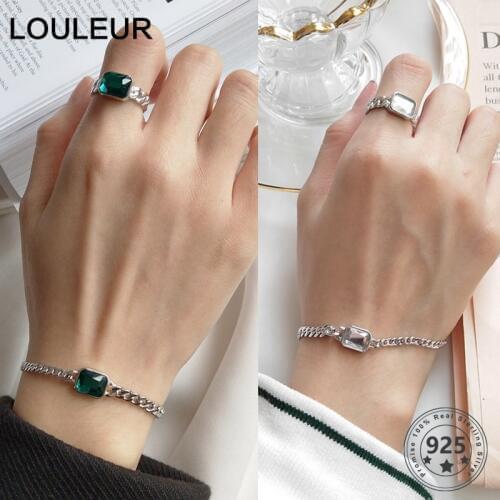 Louleur 925 Sterling Silver Green White Zircon Rings Bracelets Jewelry Sets Fashion Chain Rings Bracelets For Women Fine Jewelry