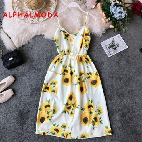ALPHALMODA 2019 Summer Casual Floral Suspended Dress Single Breasted Pocket Ladies Holidays Beach Resort Chiffon Vestidos