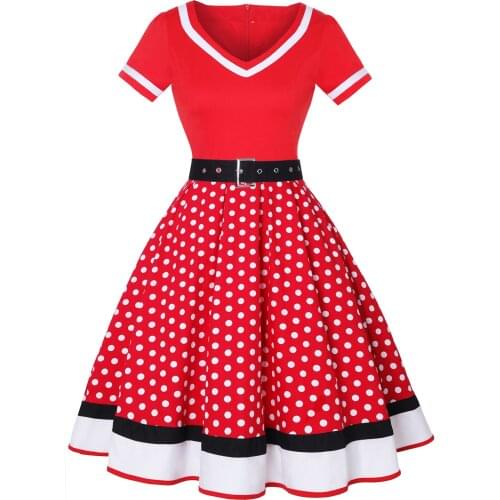 2021 Plus Size Women Vintage Dress Belt Patchwork Polka Dot V-Neck Short Sleeve Hepburn Sundress Pin Up 50s 60s Party Vestidos