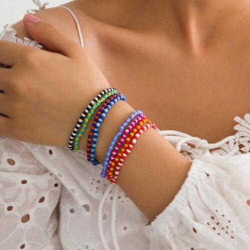 4 Pcs/Set Bohemian Rainbow Seed Bead Bracelets Bangles Charm Colorful Acrylic Wrist Chain Bracelet for Women Jewelry