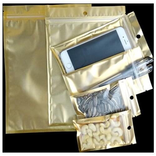 8*13cm Golden / Clear Self Sealed Zipper Plastic Retail Packaging Pack Bag Zip Lock Storage Bag Retail Package With Hang Hole