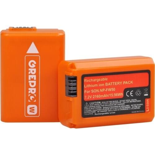 2160mAh NP-FW50 Orange Rechargeable Battery for Sony NP FW50 NPFW50, A6000 A6400 A6500 A6300 A7 A7II A7RII A7SII A7S A7S2 A7R