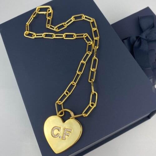 SLJELY Fashion Real 925 Sterling Silver Yellow Gold Color Letter CF Heart Pendant Locket Chain Necklace Women Fine Brand Jewelry