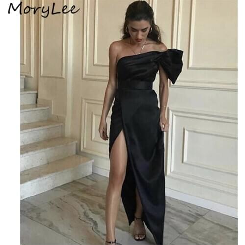 Black Evening Dresses With Zipper Back Hot Side Slit Floor Length Satin Pleated Evening Dresses vestidos de fiesta de noche