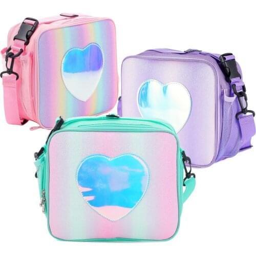 Kids Insulated Rainbow Glitter Material Lunch Bag Portable Large Zippered Tote For Picnic Popular Safe Durable Easy Cleaning