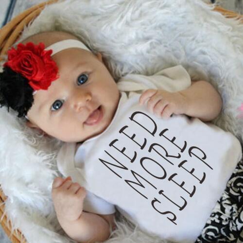 DERMSPE 2019 New Newborn Baby Girls Boys Short Sleeve Letter Print Need More Sleep Cotton Romper Jumpsuit Baby Clothes White